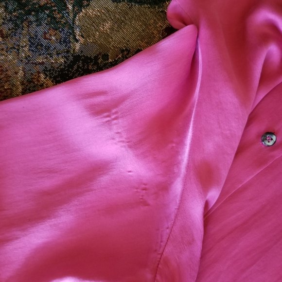Vintage 90s, satin blouse, round hem, L, M, mop buttons, rose pink,  Braemar - Picture 8 of 9